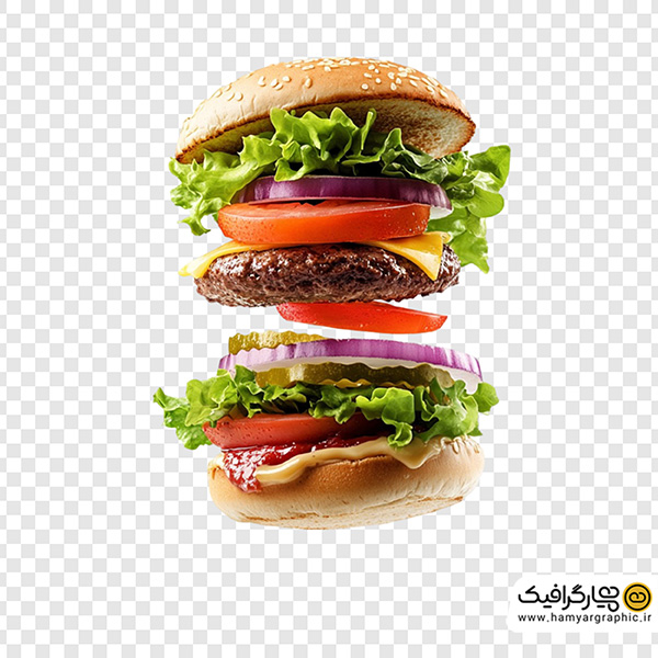 تصویر استوک همبرگر با گوجه و کاهو | عکس حرفه‌ای برگر برای تبلیغات فست‌فود