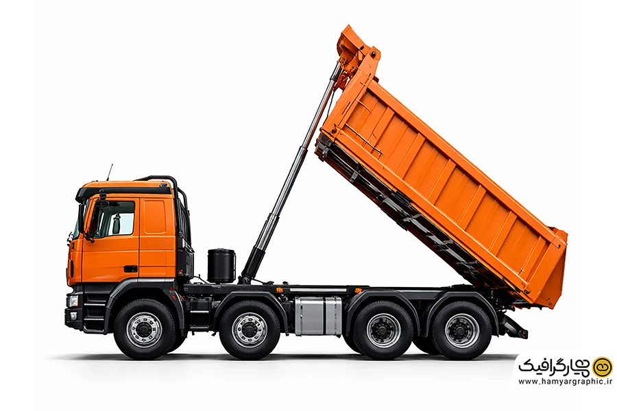 تصویر استوک کامیون کمپرسی نارنجی تمام رخ از بغل