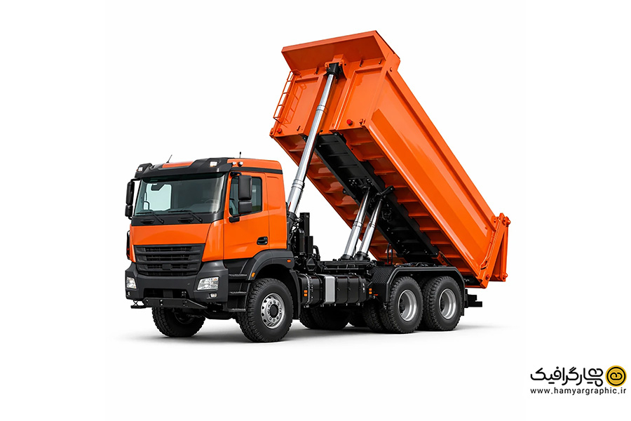 تصویر استوک کامیون کمپرسی نارنجی سه رخ از جلو