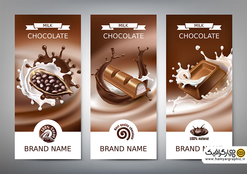 طرح لایه باز بسته‌بندی و لیبل شکلات با تم سفید و قهوه‌ای