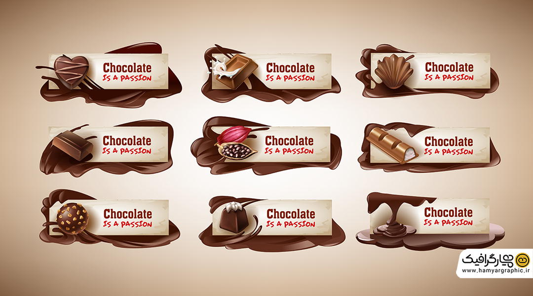 طرح لایه باز بسته‌بندی و لیبل با کیفیت شکلات با تم کرم و قهوه‌ای