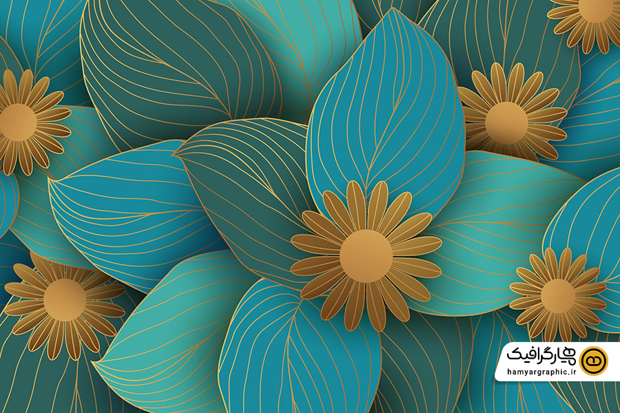 تصویر استوک با کیفیت کاغذدیواری با برگ‌های سبز بزرگ و گل‌های طلایی