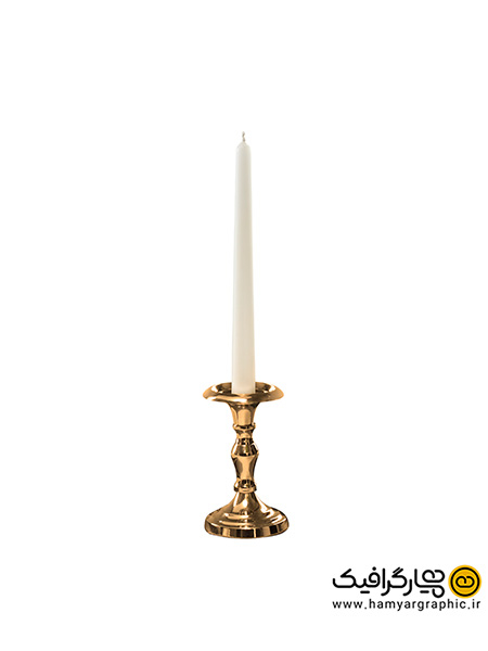 تصویر استوک شمع  سفید خاموش بلند و جاشمعی طلایی