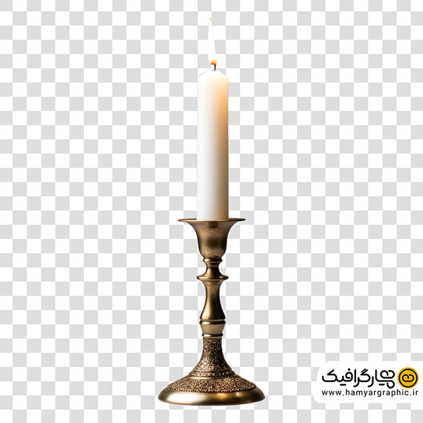 تصویر استوک شمع باریک سفید روشن با جا شمعی طلایی زینتی