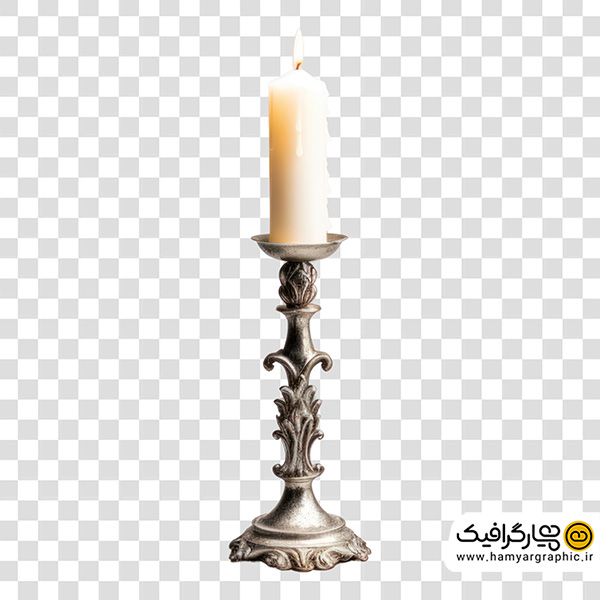 تصویر استوک شمع استوانه ای سفید با جا شمعی زینتی