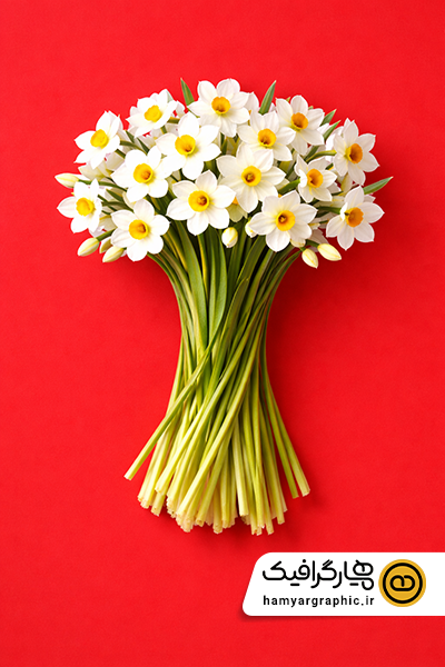 عکس دسته گل نرگس با بک گراند قرمز
