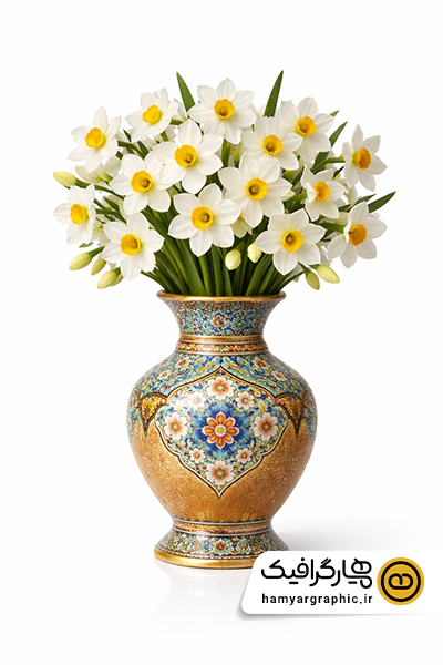 عکس با کیفیت دسته گل نرگس با گلدان سفالی طرح ایرانی | گل نرگس با گلدان