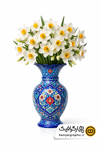 عکس با کیفیت دسته گل نرگس با گلدان سفالی طرح ایرانی | گل نرگس با گلدان