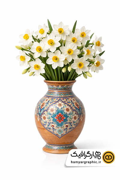 عکس با کیفیت دسته گل نرگس با گلدان سفالی تذهیب | گل نرگس با گلدان
