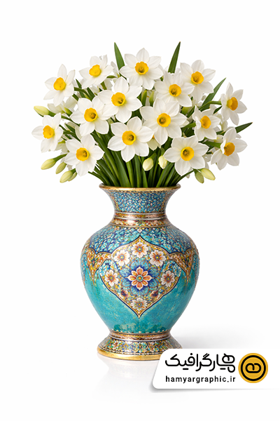 عکس دسته گل نرگس با گلدان فیروزه ای | گل نرگس با گلدان