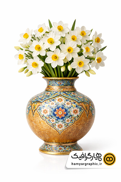 عکس دسته گل نرگس با گلدان سفالی | گل نرگس با گلدان