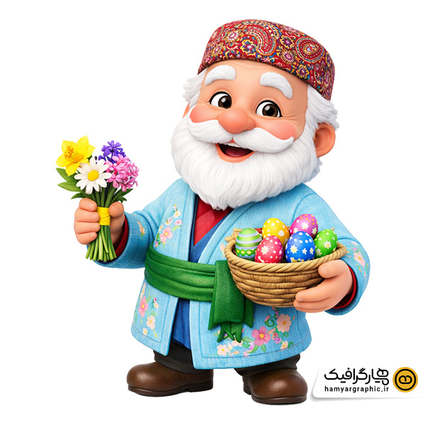 عکس عمو نوروز با تخم مرغ رنگی و دسته گل